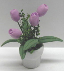 Dollhouse Miniature Lav. Tulips/White Pot 1 3/4